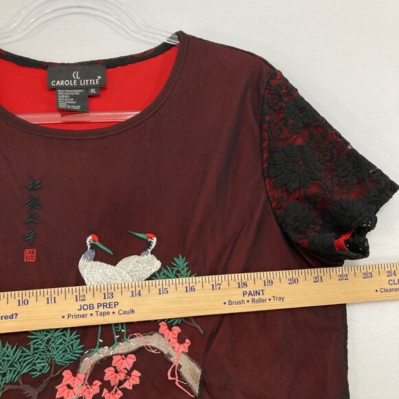 Carole Little size XL Black Red Mesh Lace Asian Print Whimsigoth Y2K Stretch Top - Picture 7 of 11